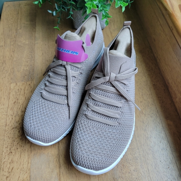 Skechers Faux Lace Stretch Knit Slip-On Sneakers | Outplay | Taupe | 9.5 - Picture 3 of 7